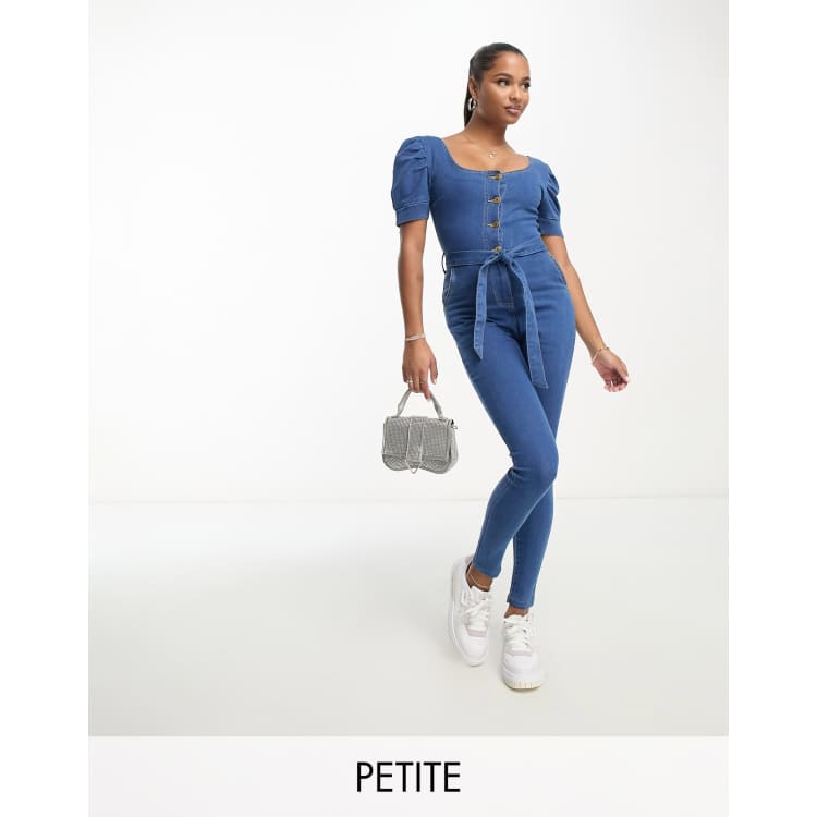 Parisian Petite belted denim jumpsuit in mid wash blue