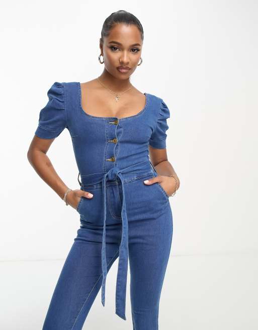 Parisian Petite belted denim jumpsuit in mid wash blue