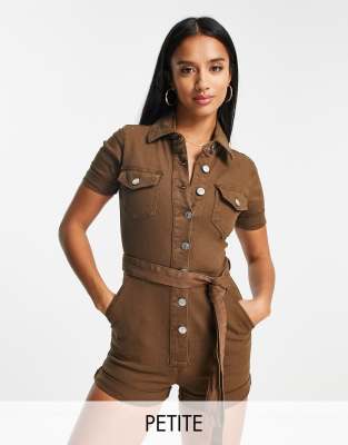 Parisian Petite belted denim playsuit in khaki  - ASOS Price Checker