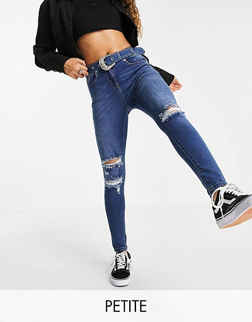 Parisian Petite belted skinny jeans with ripped knee in indigo