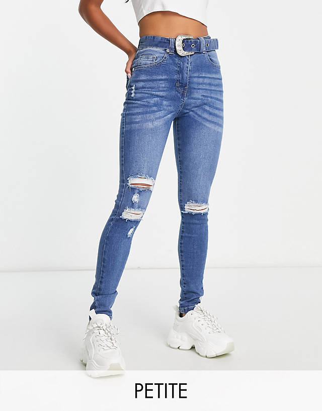 Parisian Petite - belted skinny jeans in mid blue
