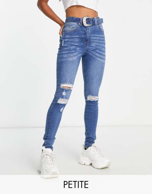 Parisian Petite belted skinny jeans in mid blue | ASOS