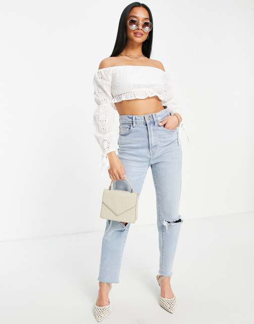 Parisian Petite - Broderet offshoulder-croptop i hvid - Del af sæt, 2 af 4