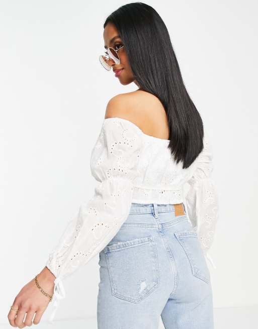 Parisian Petite - Broderet offshoulder-croptop i hvid - Del af sæt, 4 af 4