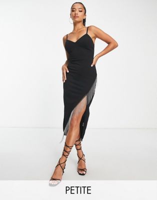 Parisian Petite cami midi dress with asymmetric embellished fringed hem in black
