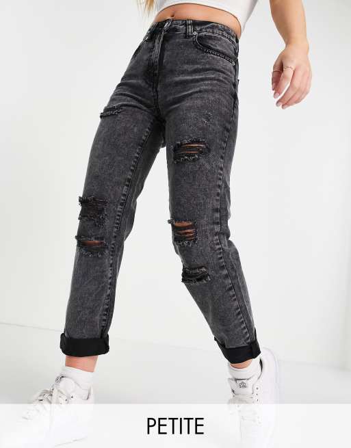 Parisian Petite – Czarne sprane mom jeans z przetarciami