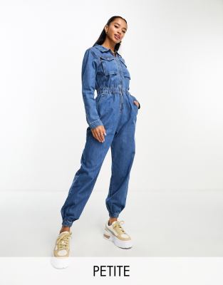 Parisian Petite denim boildersuit in mid wash blue | ASOS