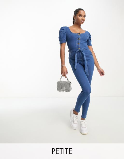 Parisian Petite - Denim jumpsuit met riem in middenblauw met wassing
