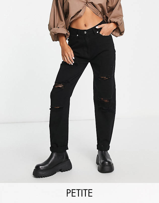 Parisian Petite - distressed mom jeans in washed black