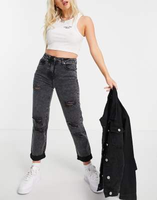 petite black distressed mom jeans