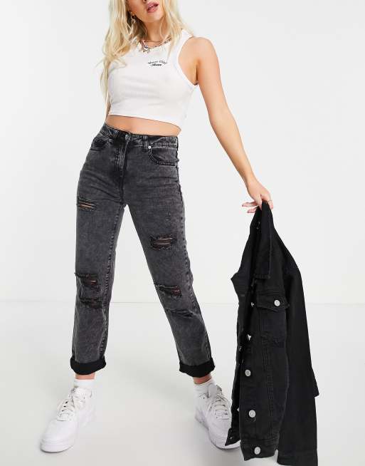 Parisian Petite distressed mom jeans in washed black ASOS