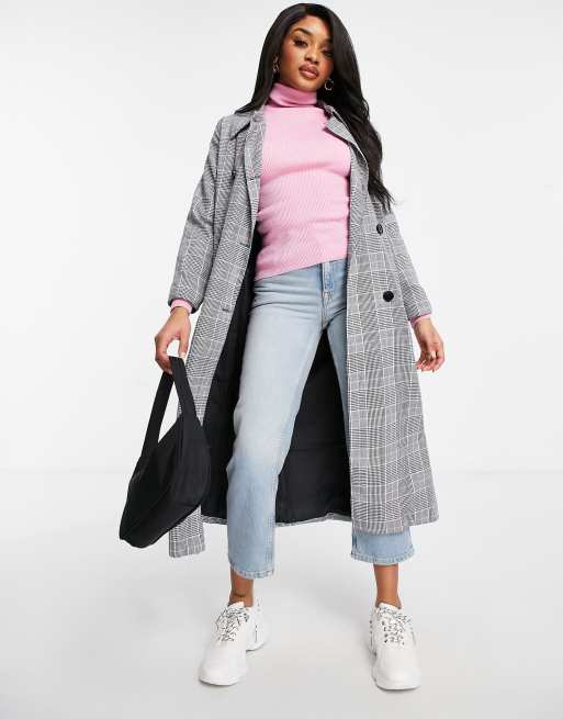Parisian Petite double breasted longline mac in check ASOS