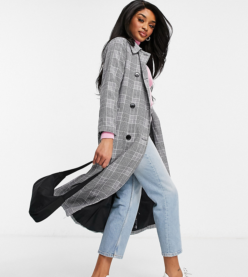 Parisian Petite double breasted longline trench in check-Black