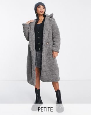Parisian Petite double breasted oversized borg coat in charcoal grey