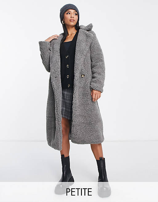 Parisian Petite double breasted oversized teddy borg coat in charcoal ...