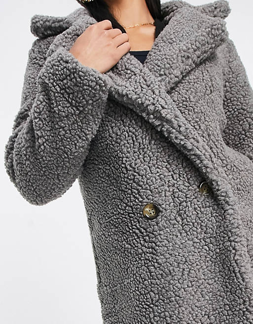 Double breasted oversized teddy borg coat in charcoal Asos Women Clothing Jackets Fleece Jackets 
