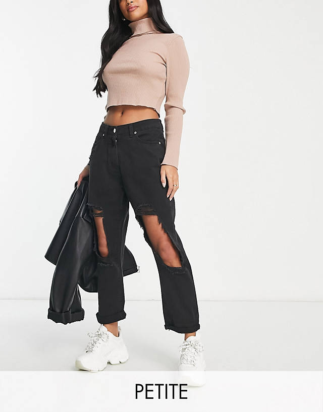 Parisian Petite - extreme rip mom jeans in charcoal