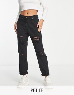 Parisian Petite extreme rip mom jeans in charcoal - ASOS Price Checker