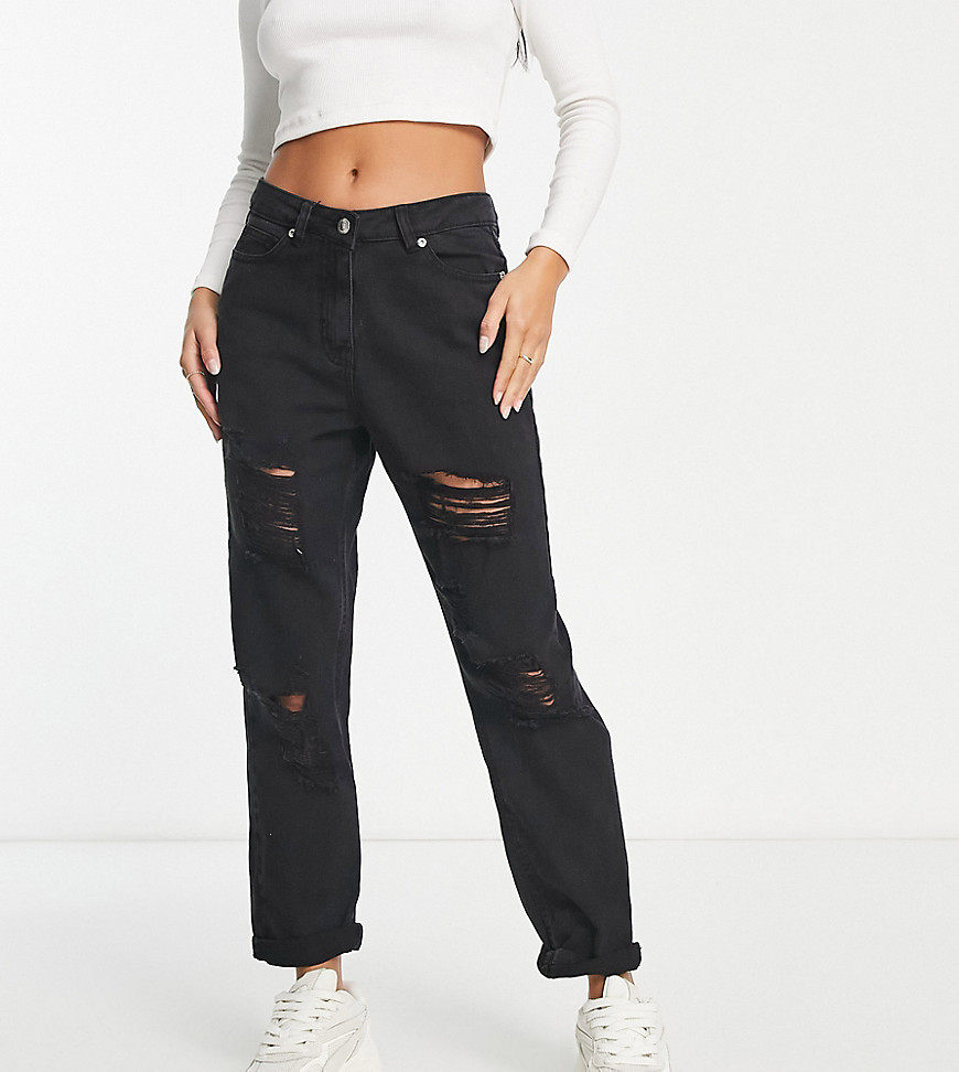 Parisian Petite extreme rip mom jeans in charcoal-Gray