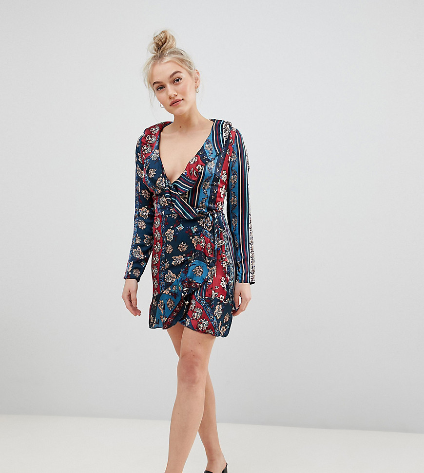 Parisian Petite floral and stripe print wrap dress with frill-Multi