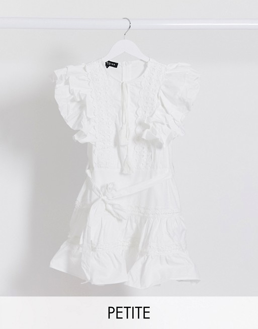 Parisian Petite frill sleeve lace trim mini dress in white