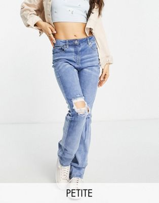 Parisian Petite high waist straight leg jeans with ripped knee in blue