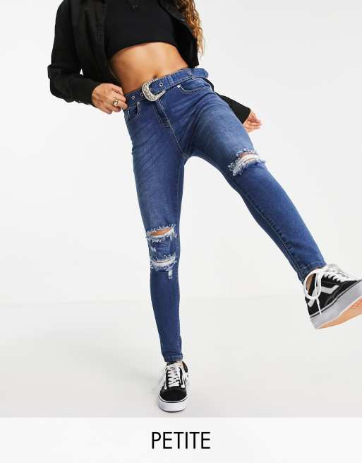 Parisian Petite - Jeans skinny con cintura e strappi alle ginocchia color indaco