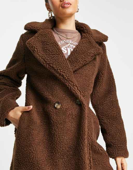 Parisian Petite long borg coat in chocolate brown ASOS