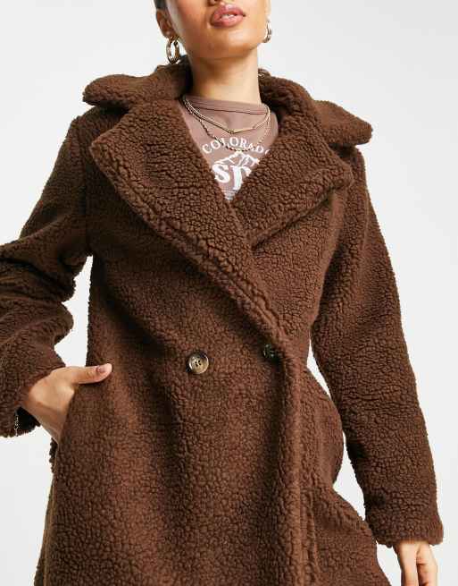 Parisian Petite long teddy coat in chocolate brown