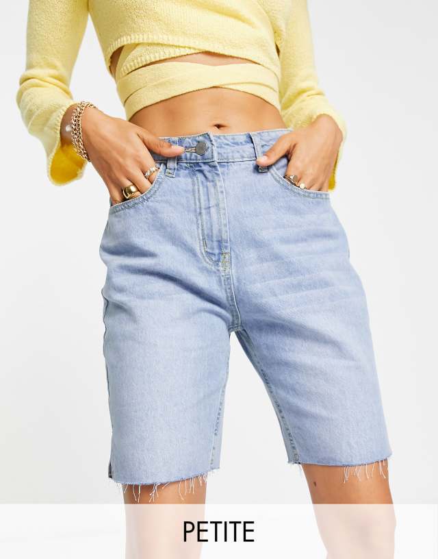 Parisian Petite - longline denim shorts with raw hem in light blue