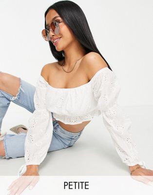 Parisian Petite off shoulder broderie crop top co-ord in white
