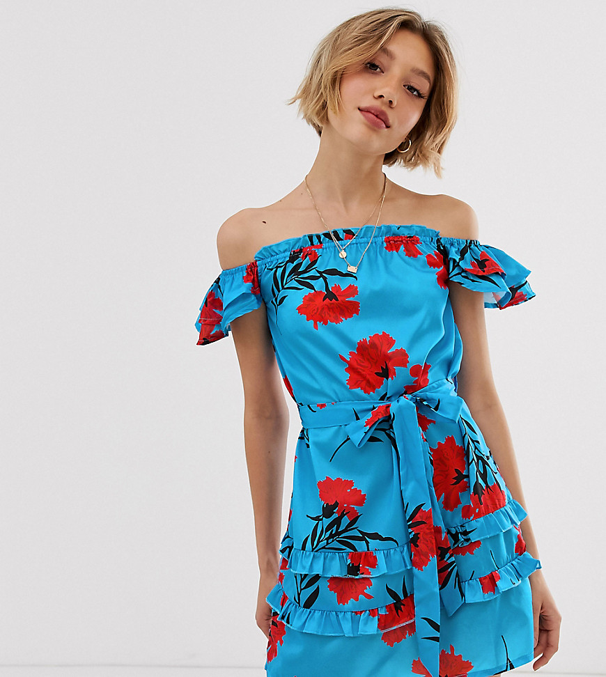 Parisian Petite off shoulder dress with sleeve detail in floral print-Blue