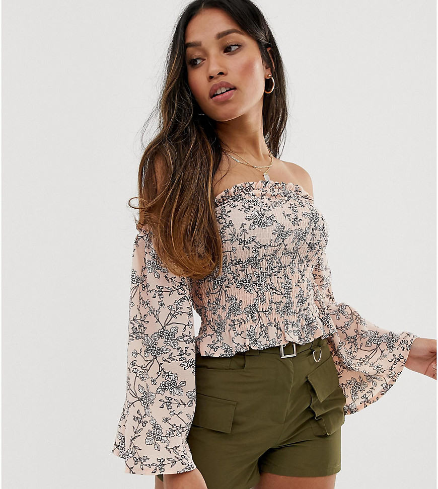 Parisian Petite off shoulder shirred top in ditsy floral-Pink