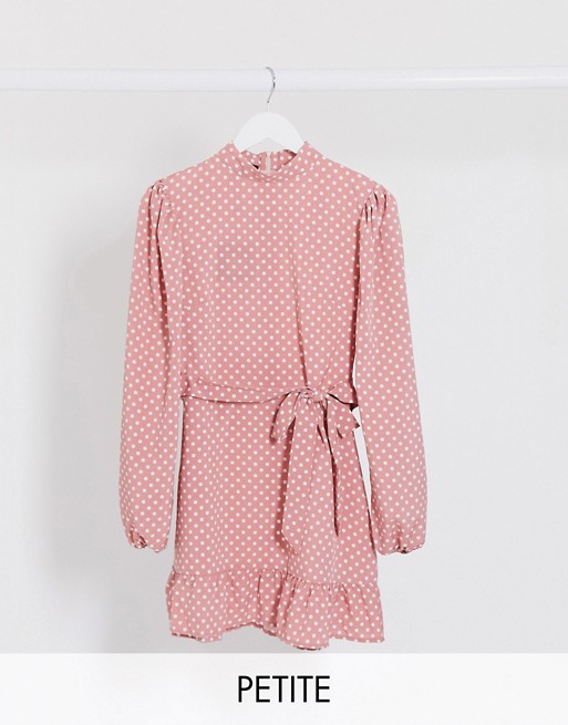 Parisian Petite polka dot shift dress with tie waist in dusky pink