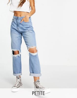 Parisian Petite ripped mom jeans in blue - ASOS Price Checker