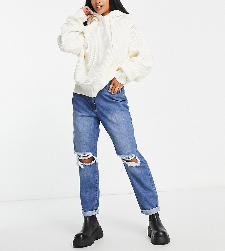 Parisian Petite ripped mom jeans in mid blue