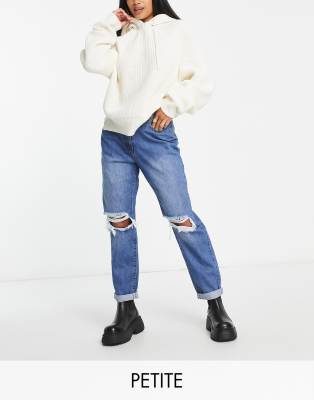 Parisian Petite ripped mom jeans in mid blue