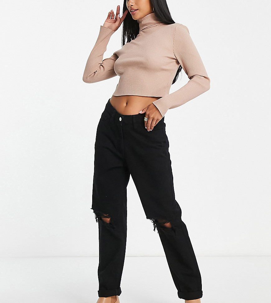 Parisian Petite Ripped Mom Jeans In Washed Black