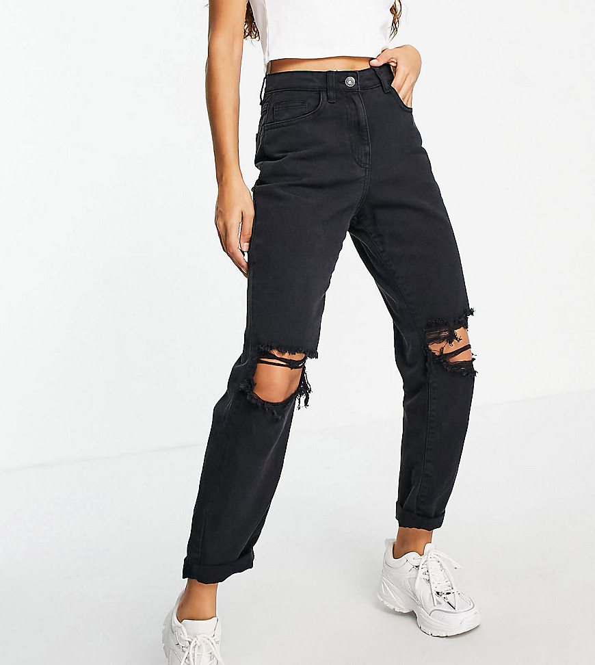 Parisian Petite ripped mom jeans in washed black