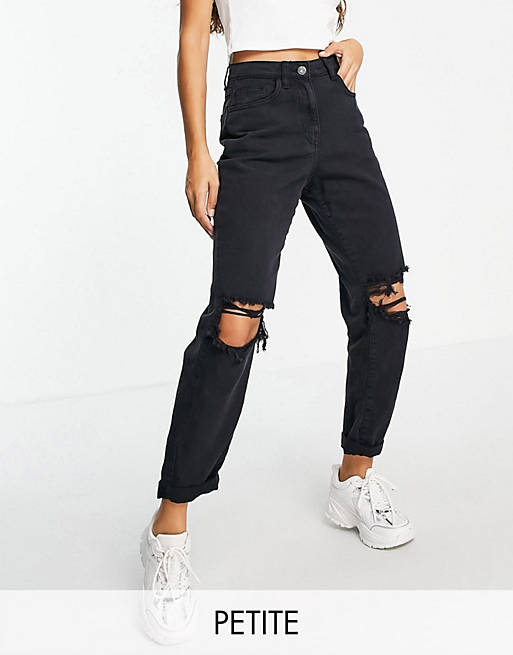 Parisian Petite ripped mom jeans in washed black