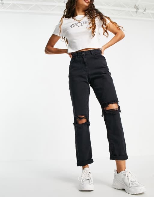 Petite ripped mom jeans best sale