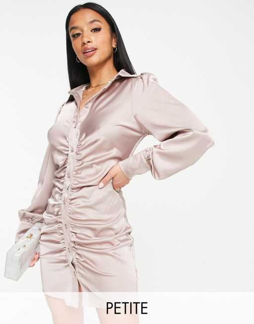 Parisian Petite - Robe chemise courte froncée en satin - Moka