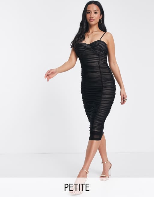 Parisian Petite ruched mesh midi bodycon dress in black