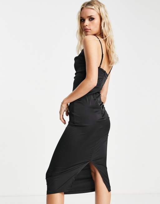 Parisian Petite satin cami strap midi dress with cowl neck in black, 2 of 4
