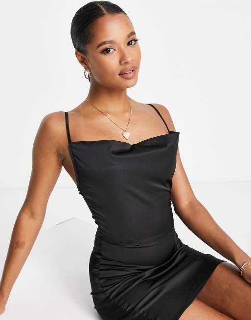 Parisian Petite satin cami strap mini dress with cowl neck in black