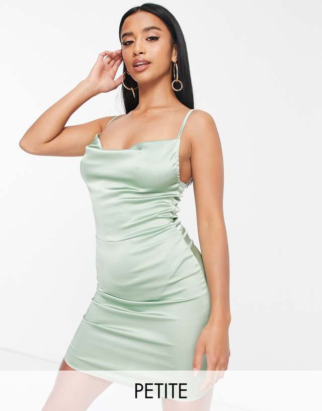 Parisian Petite satin cowl neck cami mini dress in sage green