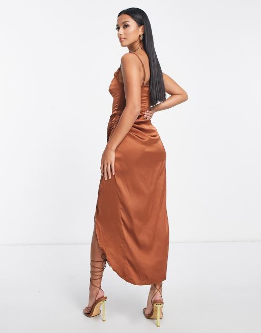 Parisian Petite satin midi dress in brown, 2 of 4