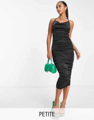 Parisian Petite satin ruched midi dress in black - ASOS Price Checker