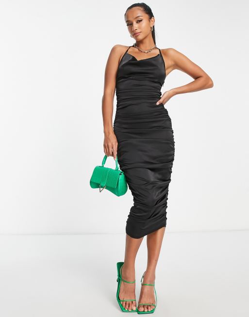 Parisian satin ruched midi dress in black