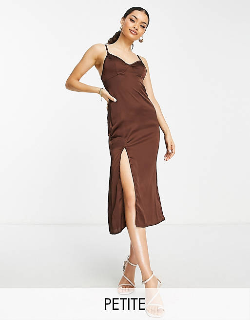 Parisian Petite satin slip dress with split in chocolate brown